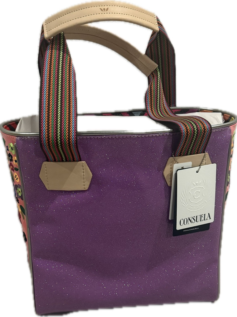 Consuela Purple Glitter Tote with Multicolor Striped Handles